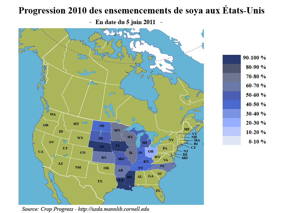 Progression des semis US de soya au 5 juin 2011